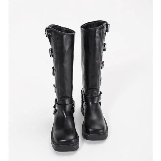 Damen Stiefel mit modischen Schnallen und robustem Blockabsatz EB