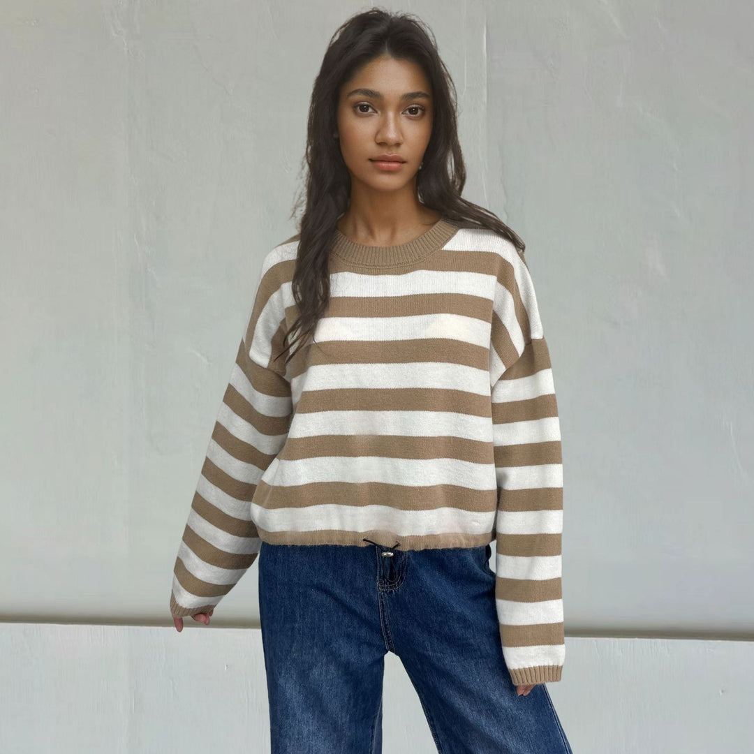 Damen lässiger Streifenpullover mit weitem Schnitt und Kordelzug EB