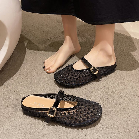 Damen Modische Ballerinas mit Netzdesign und Dekorativen Riemchen EB
