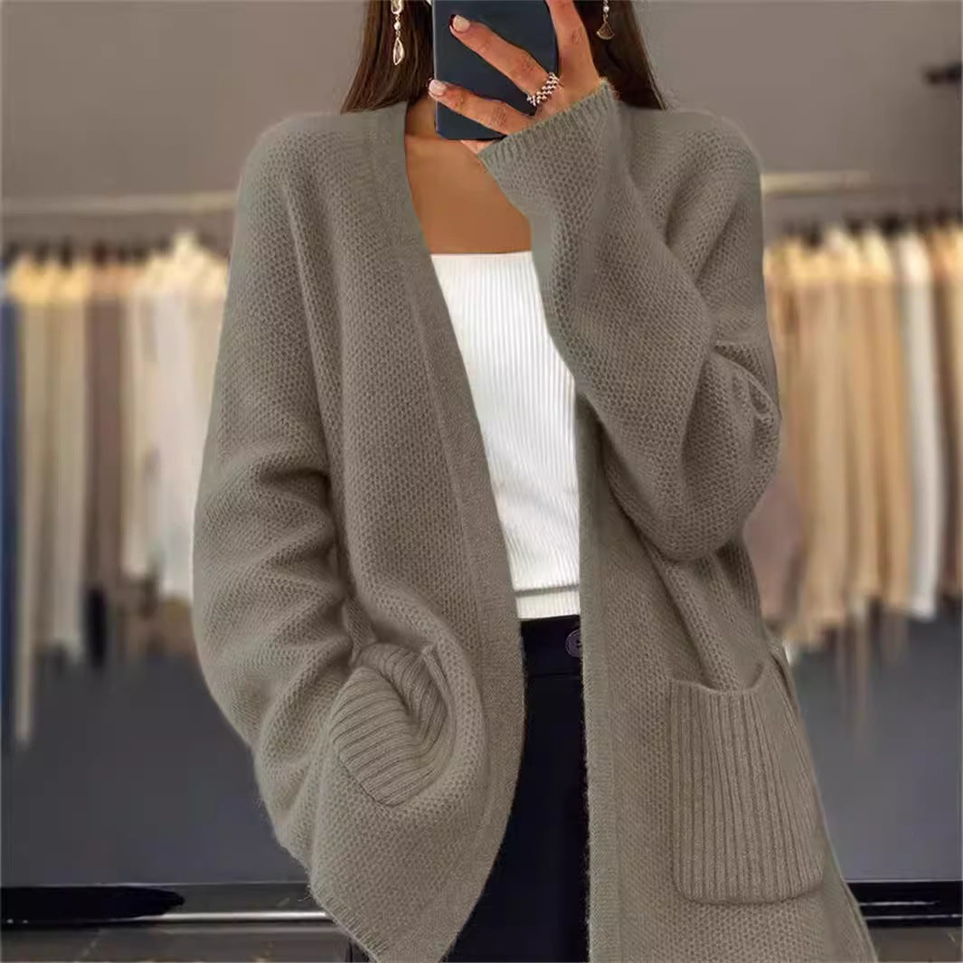 Damen nan lange Strickjacke mit Bindegürtel, aufgesetzten Rippentaschen und lockerem Waffelstrick EB