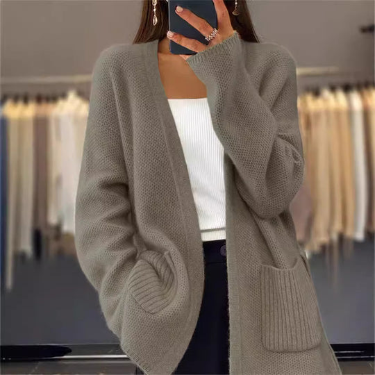 Damen nan lange Strickjacke mit Bindegürtel, aufgesetzten Rippentaschen und lockerem Waffelstrick EB