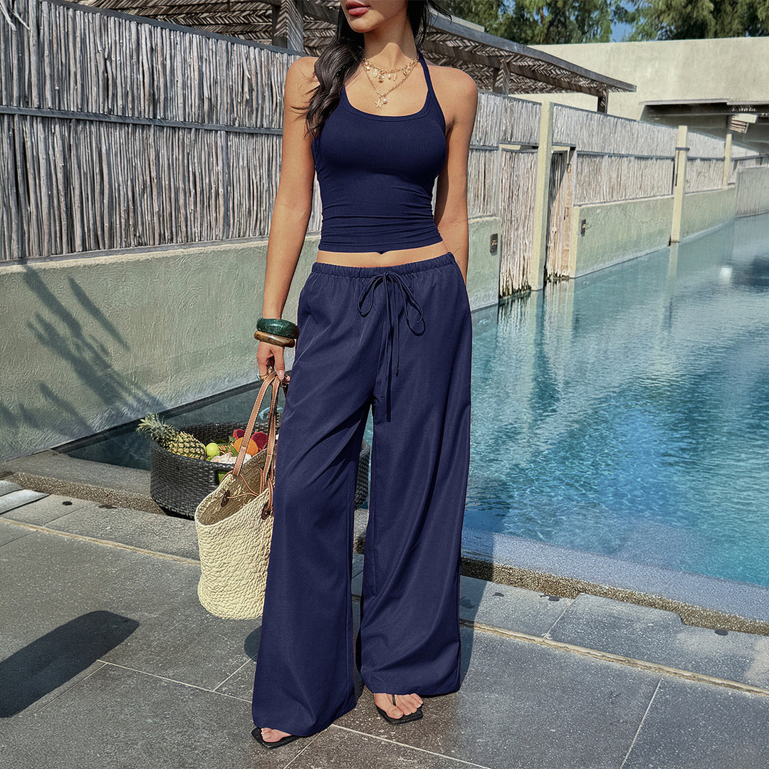 Damen luftiges Zweiteiliges Set mit tailliertem Bustier und weiten Hosen EB