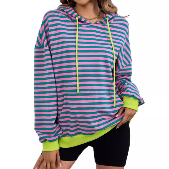 Damen lässiger Kapuzenpullover mit buntem Streifenmuster EB