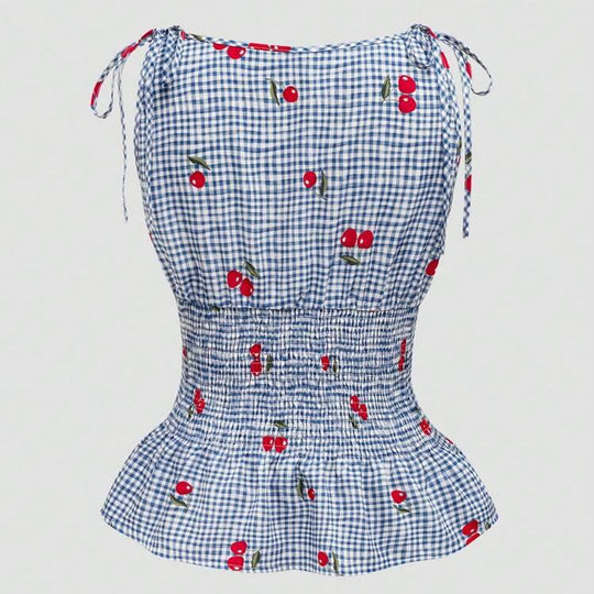 Damen Bluse mit floralem Karo-Muster und Rüschensaum EB