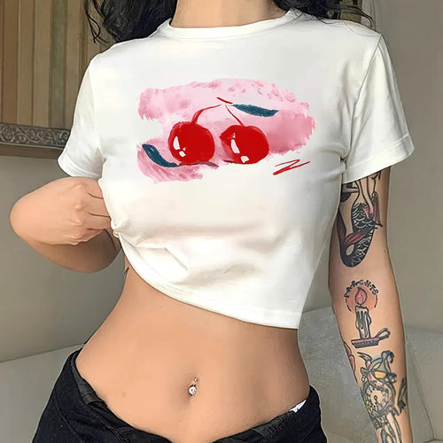 Damen Crop-T-Shirt mit fröhlichem Kirschmotiv und kurzem Schnitt EB