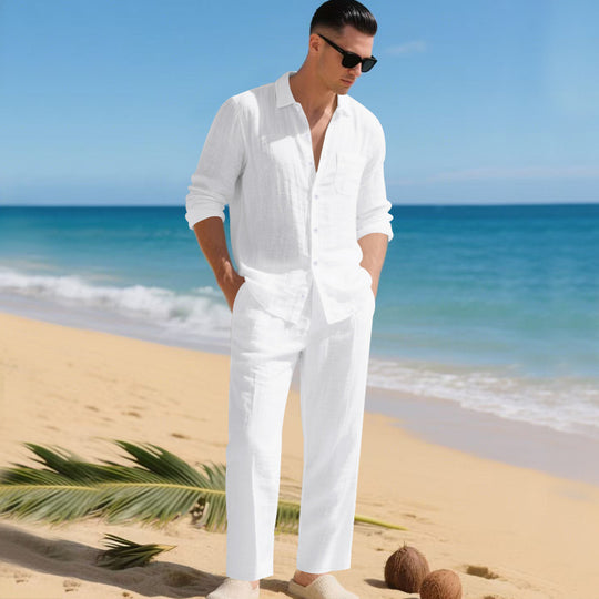 Herren leichtes Leinen-Outfit mit stilvollem Hemd und eleganter Hose EB