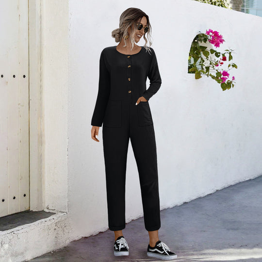 Damen lässiger Jumpsuit mit praktischen Taschen und elegantem Knopfdesign EB