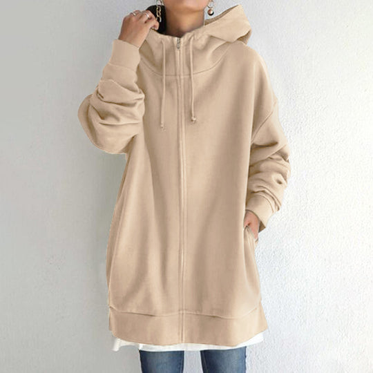 Damen nan oversized Kapuzenlongpullover mit Reißverschluss und Eingrifftaschen EB