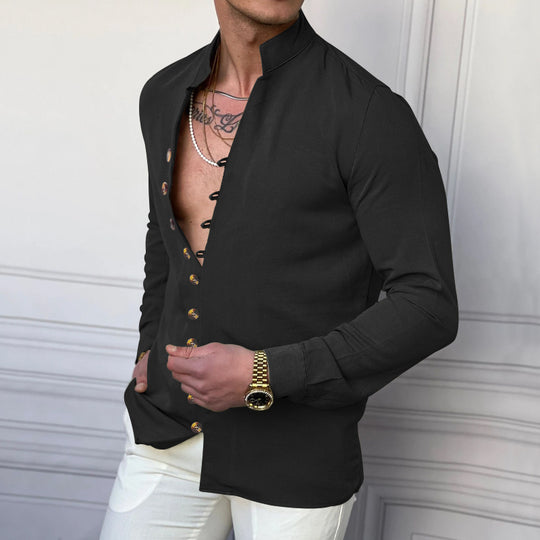 Herren nan elegantes Langarm-Leinenhemd mit Stehkragen asymmetrischer Knopfleiste und schmaler Passform EB