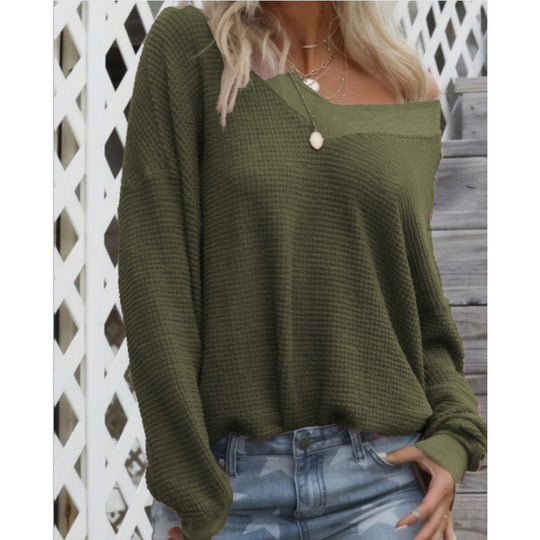 Damen Lockerer Waffelstrick-Pullover mit weitem Off-Shoulder-Ausschnitt und Oversize-Schnitt EB
