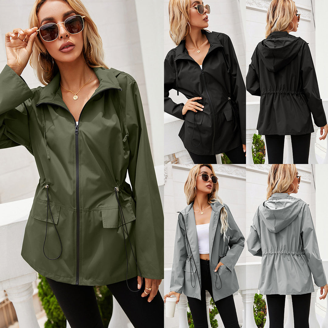 Damen leichte Regenjacke mit Kapuze und verstellbarem Bund EB