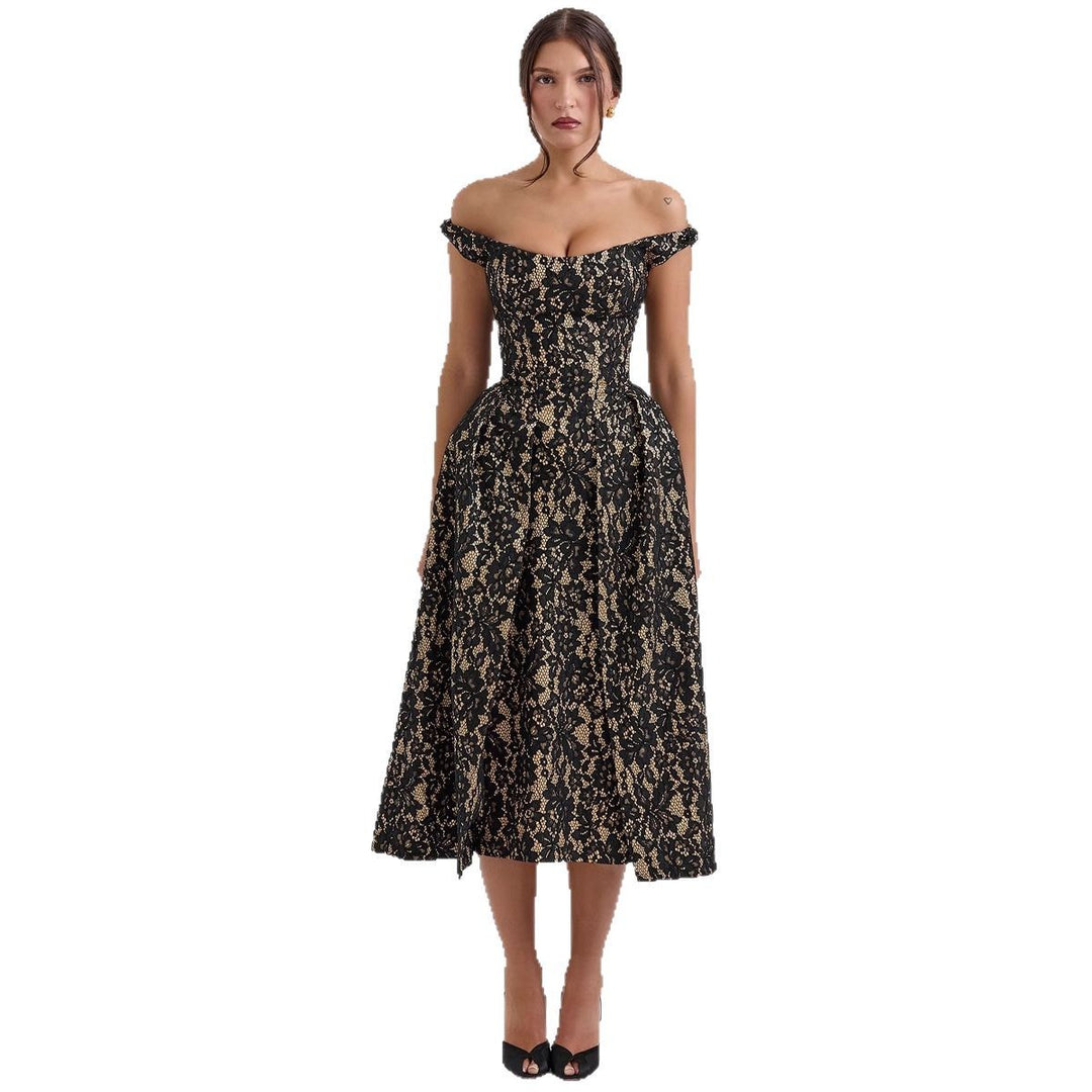 Damen Spitzenkleid mit schulterfreiem Design und elegantem Rock EB