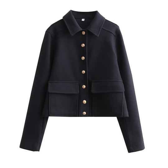 Damen modische Kurzjacke aus strukturiertem Wollmaterial mit praktischen Pattentaschen EB