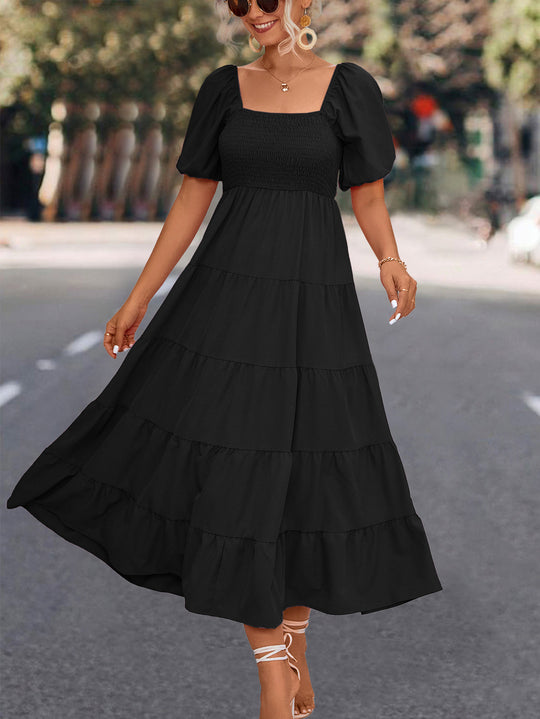 Damen Midi-Kleid mit elastischer Taillierung und voluminösen Puffärmeln EB