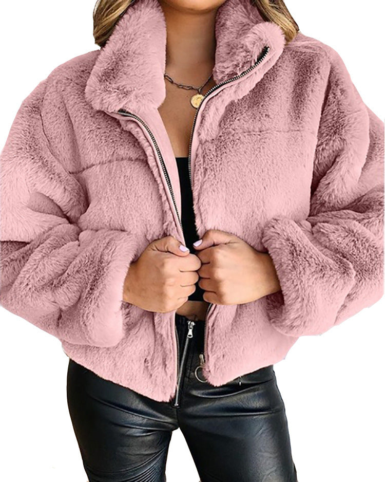 Damen Flauschige Trendjacke mit hohem Kragen EB