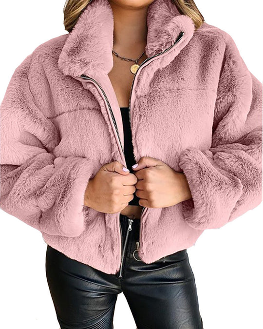 Damen Flauschige Trendjacke mit hohem Kragen EB