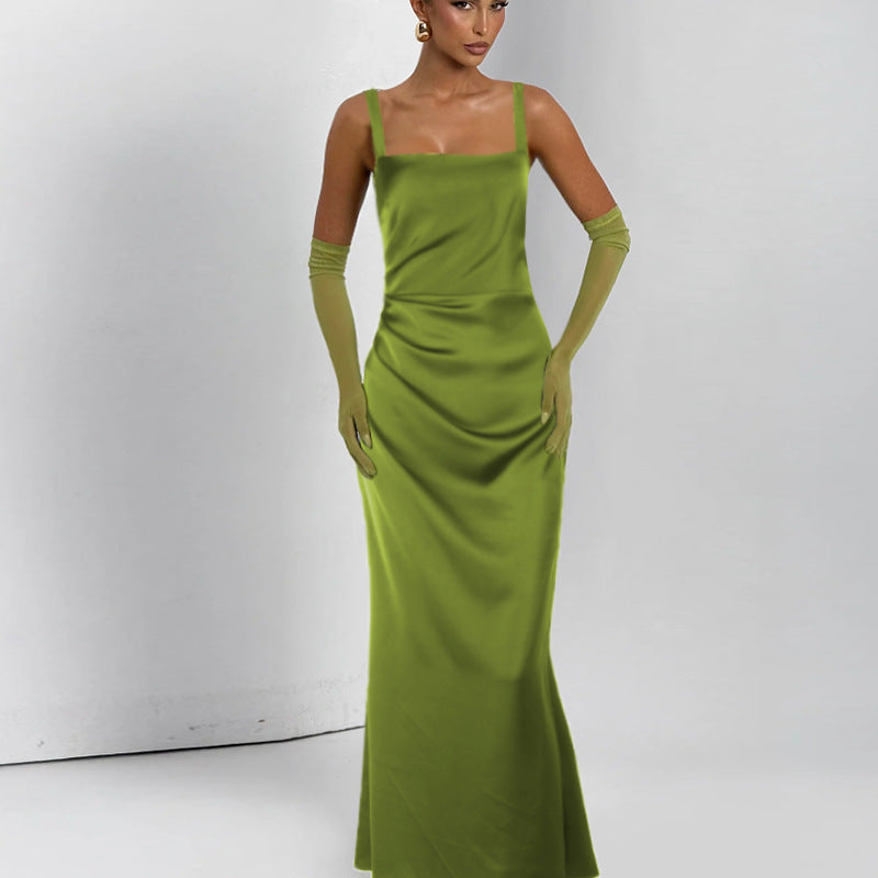 Damen Elegantes Satin-Maxikleid mit schmalen Trägern EB