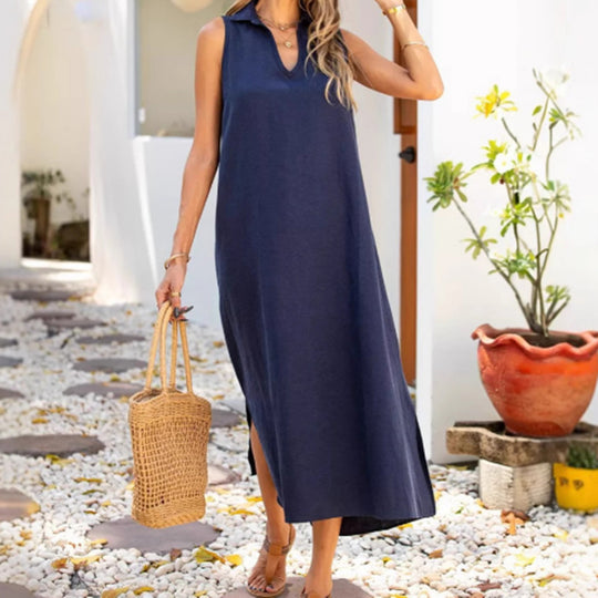 Damen Langes Sommerkleid mit klassischem Kragen und seitlichen Schlitzen EB