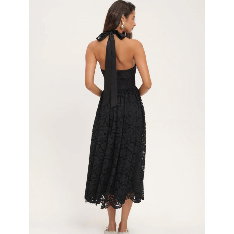 Damen luftiges Sommerkleid mit romantischem Spitzenoberteil und elastischem Taillenbund EB