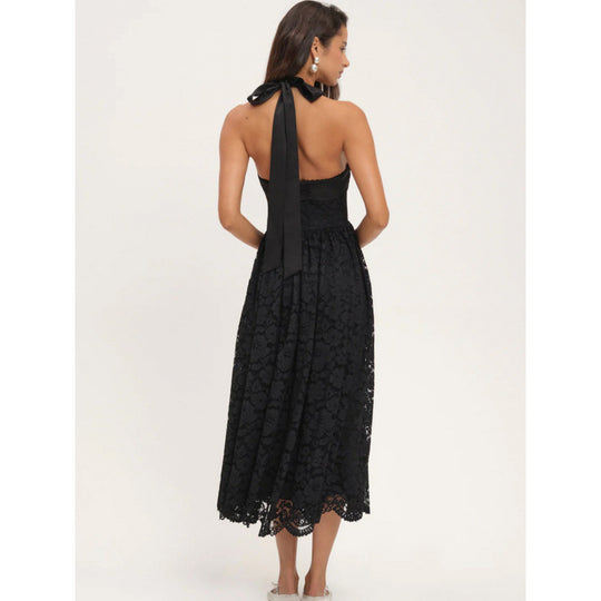 Damen luftiges Sommerkleid mit romantischem Spitzenoberteil und elastischem Taillenbund EB