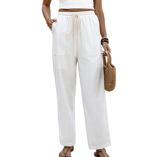 Damen Sommerliche Leinenhose mit elastischem Bund und praktischen Tasche EB