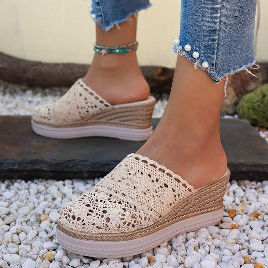 Damen  gehäkelte Plateau-Mules mit Jute-Optik Keilsohle und atmungsaktivem Komfortfutter EB