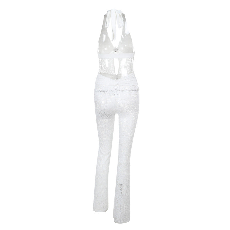 Damen Jumpsuit mit elegantem Spitzendetail und tiefem V-Ausschnitt EB