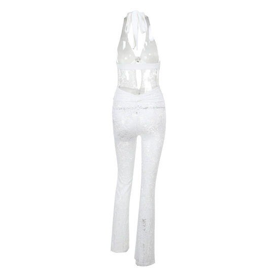 Damen Jumpsuit mit elegantem Spitzendetail und tiefem V-Ausschnitt EB