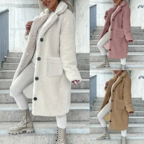 Damen Kuscheliger Fleece-Mantel mit Taschen und Knopfverschluss EB