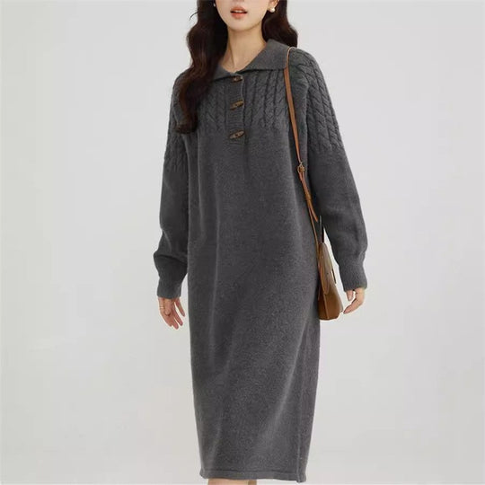 Damen Strickkleid mit Kragen und Knopfdetails EB