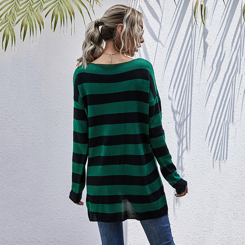 Damen gestreifter Oversized Pullover mit tiefem V-Ausschnitt und trendigen Cut-Outs EB