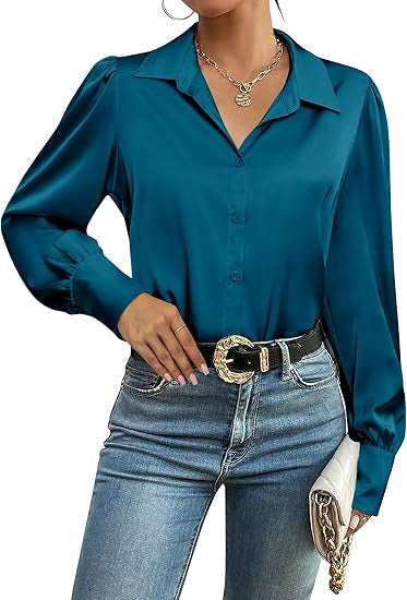 Damen Seidenoptik-Bluse mit Hemdkragen, verdeckter Knopfleiste und langen Manschetten EB