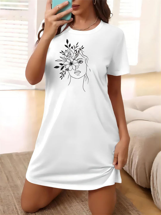 Damen T-Shirt-Kleid mit künstlerischem Blumenmotiv und figurbetontem Schnitt EB