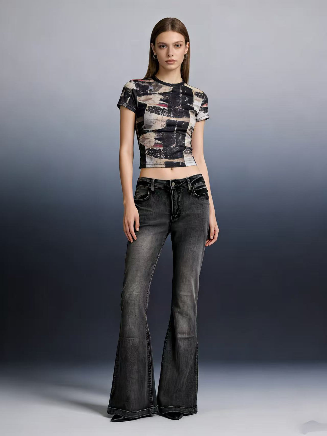 Damen elegante Cropped Bluse mit Puffärmeln und Stickmuster