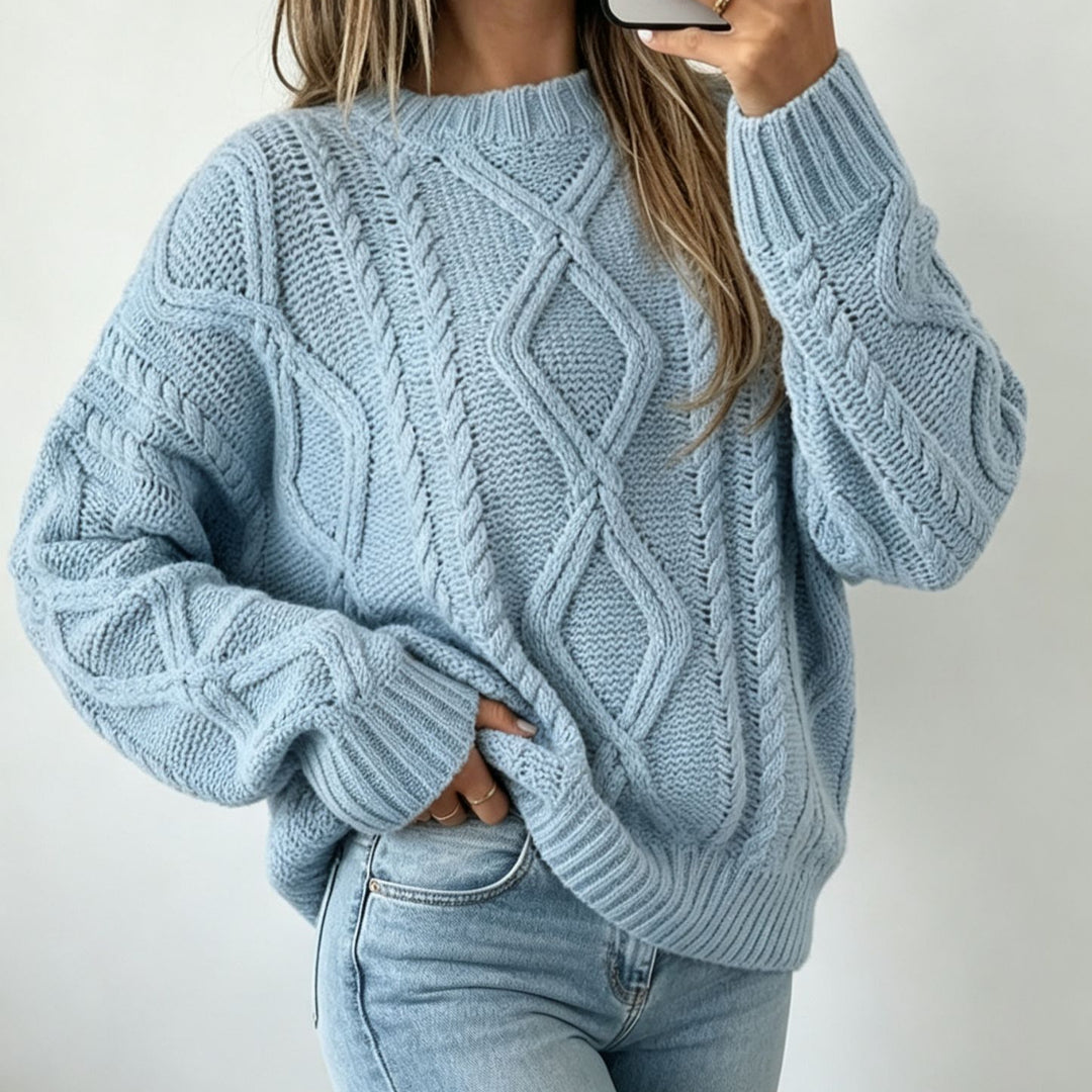 Damen Oversize Flechtstrick-Pullover mit Zopfmuster und Rundhals EB
