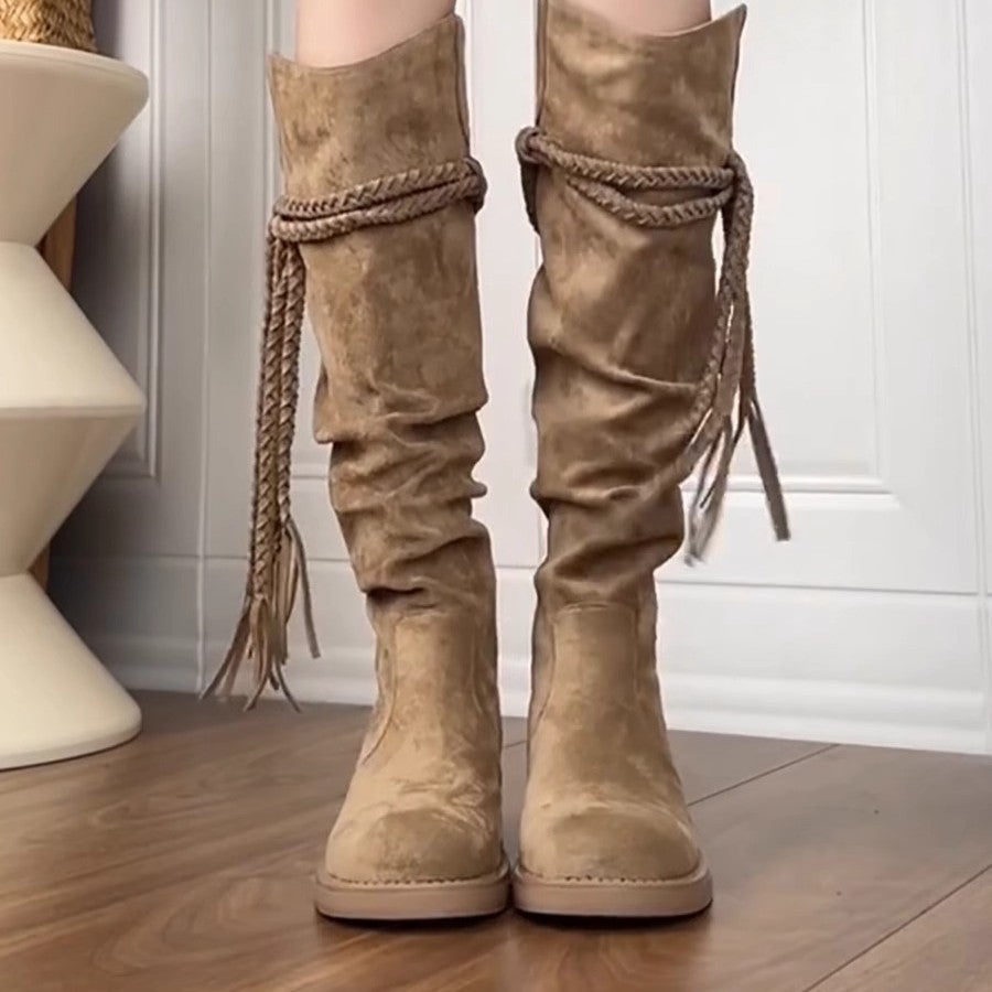 Damen Overknee-Stiefel mit geflochtenen Details und elegantem Falten-Design EB