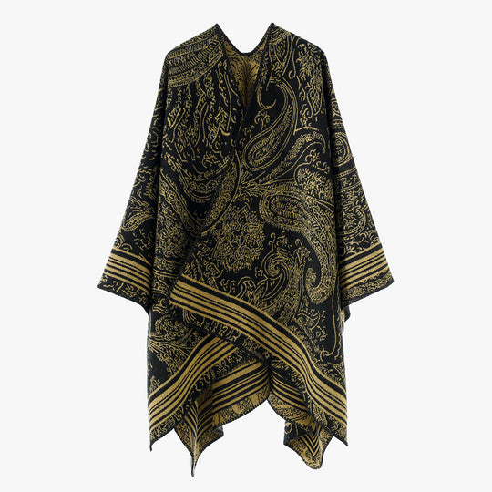 Damen Jacquard-Poncho im Ruana-Schnitt mit Paisley-Muster und breiter Bordüre EB