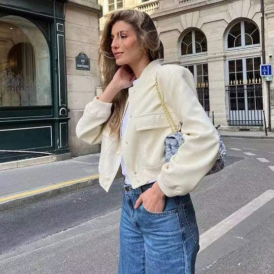 Damen modische cropped Bomberjacke mit großen Pattentaschen EB