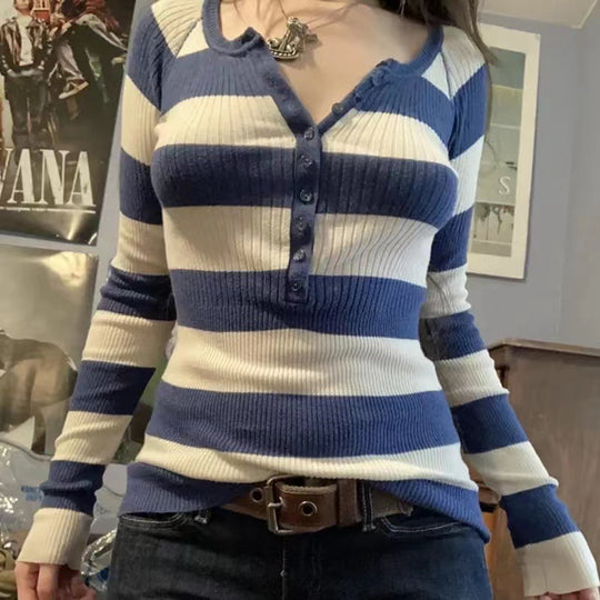 Damen Langarmshirt mit Knopfleiste und Streifenmuster EB