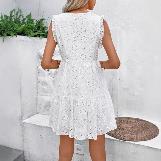 Damen luftiges Sommerkleid mit floralen Stickereien und Rüschendetails EB