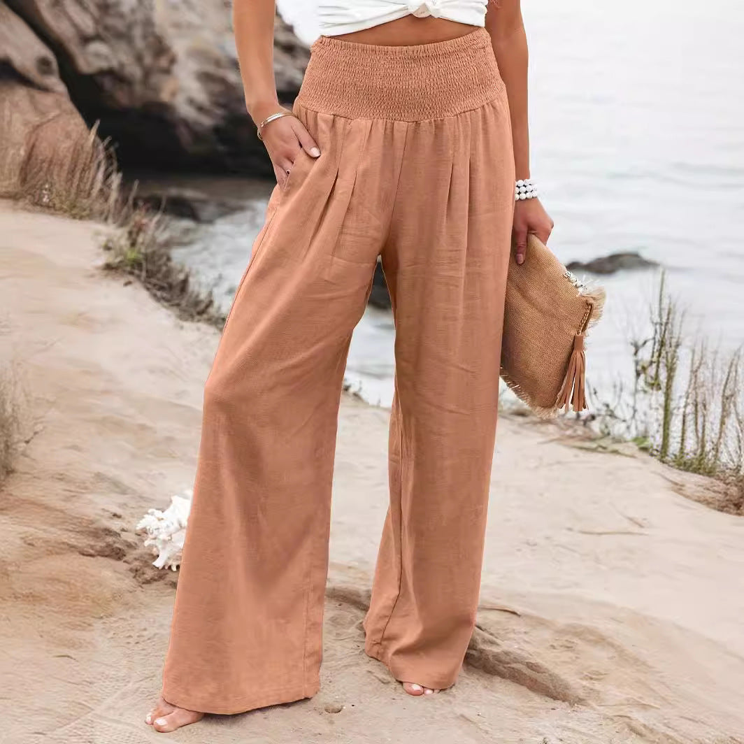 Damen Weite Leinenhose mit elastischem Bund und Falten EB