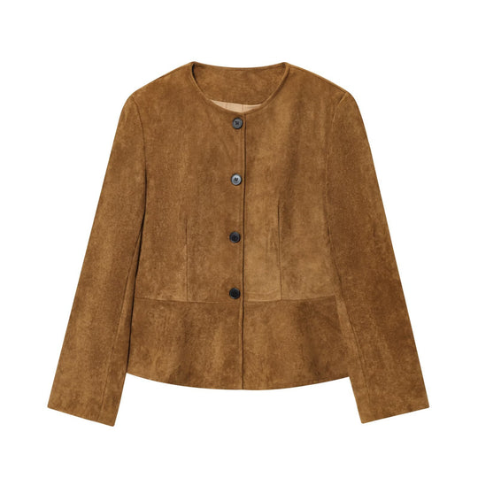 Damen elegante Kunstlederjacke mit knopfbeschichtetem Design EB