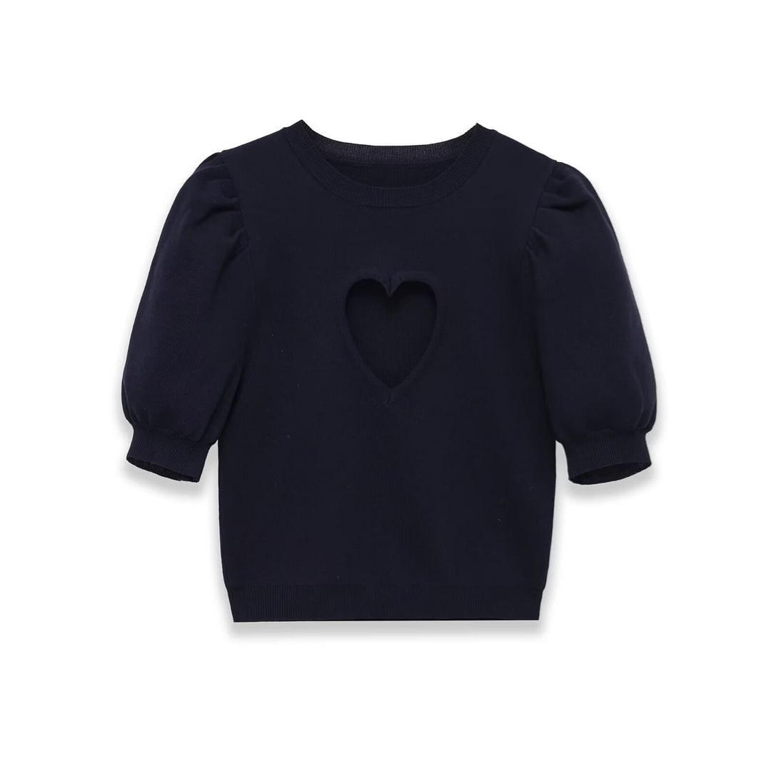 Damen Baumwollpullover mit herzförmigem Ausschnitt und modischen Puffärmeln EB
