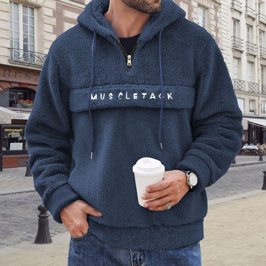 Herren nan Teddy-Fleece Kapuzenpullover mit halbem Reißverschluss, Kängurutasche und weichem Innenfutter EB