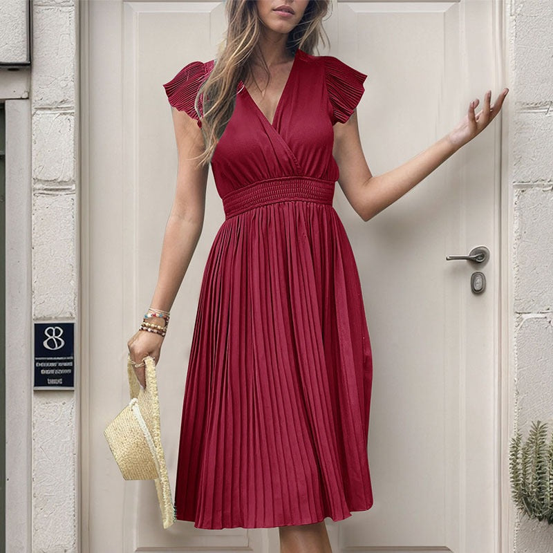 Damen Midikleid mit plissiertem Design und voluminösen Ärmeln EB