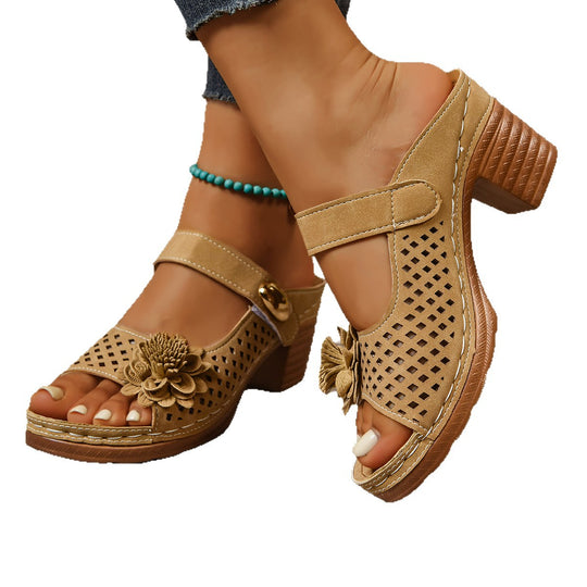 Damen Slide-Sandalen mit floraler Applikation und Blockabsatz EB