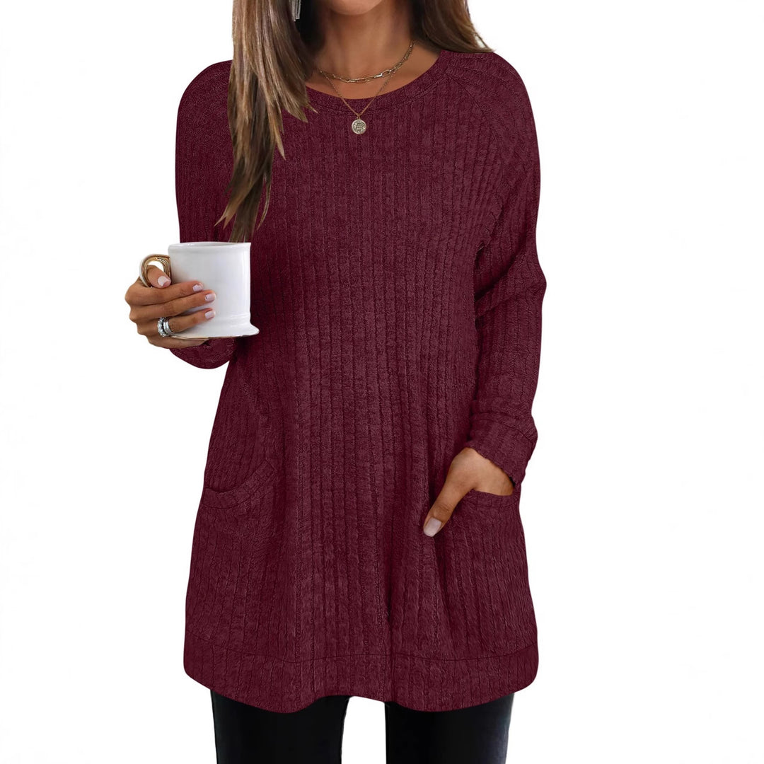 Damen lässiger Strickpullover mit seitlichen Eingrifftaschen und Rippenstruktur EB