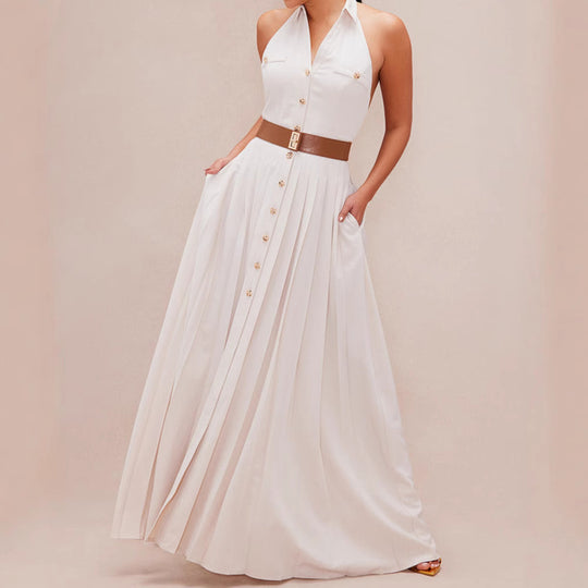 Damen Elegantes Maxikleid mit tiefem V-Ausschnitt und schmeichelndem Taillengürtel EB