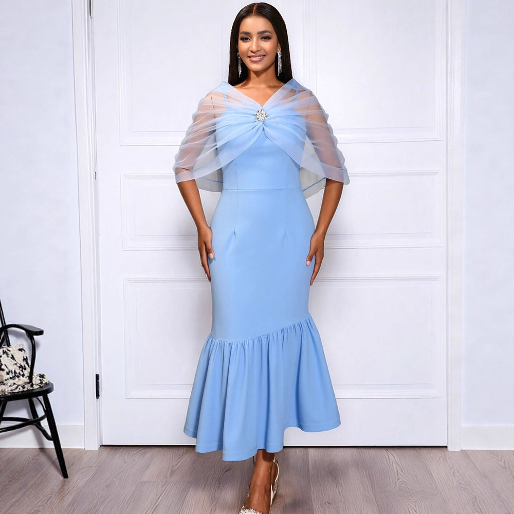 Damen elegantes Abendkleid mit transparentem Umhang und asymmetrischem Saum EB