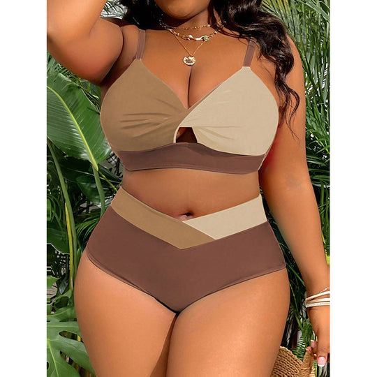 Damen hoch tailliertes Bikini-Set mit modischem Farbblock-Design EB